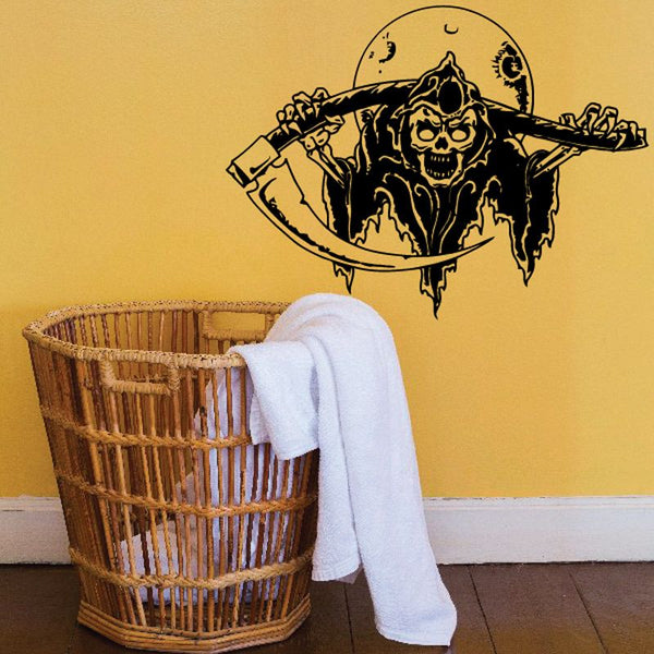 Cartoon reaper with scythe wall decal, round moon backdrop and skull figure