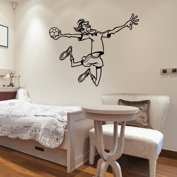Cartoon rugby player wall decal, black-and-white outline of a player kicking a ball