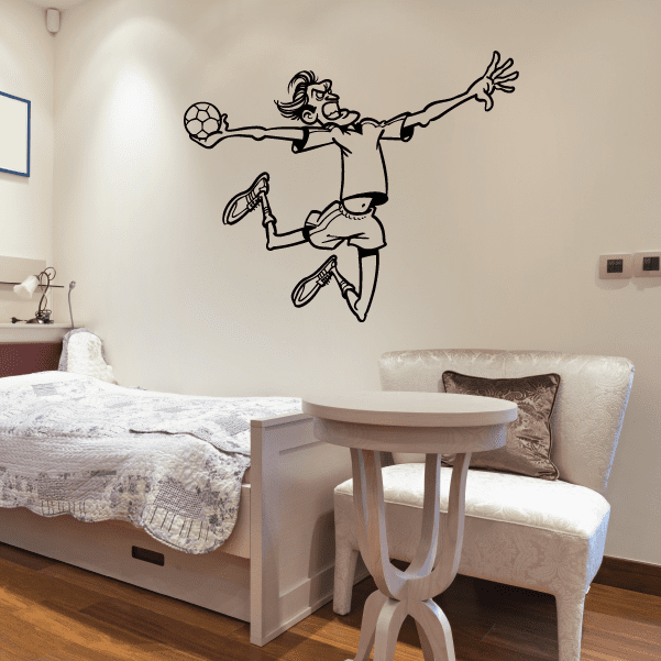 Cartoon rugby player wall decal, black-and-white outline of a player kicking a ball