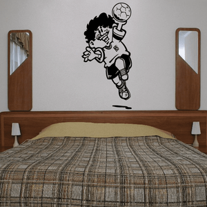 Cartoon soccer goalie wall decal, black-and-white player holding a soccer ball