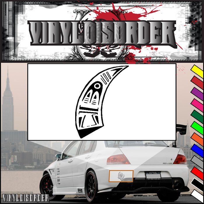 Carved buffalo horn decal with black emblem on white background