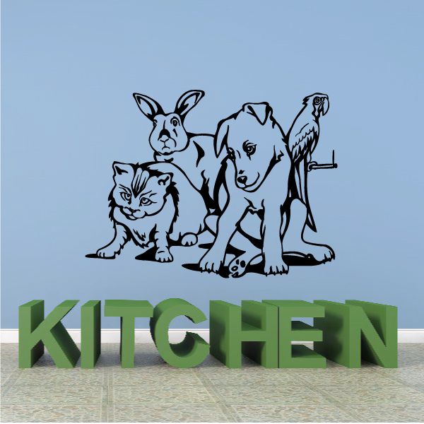Animal wall decal with cat, dog, rabbit, and parrot silhouettes and "KITCHEN" text