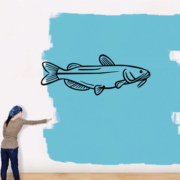 Catfish swimming decal, black line-art fish with fins and tail