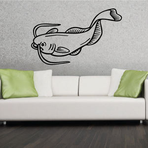 Black catfish outline waving wall decal, long whiskers and curved body