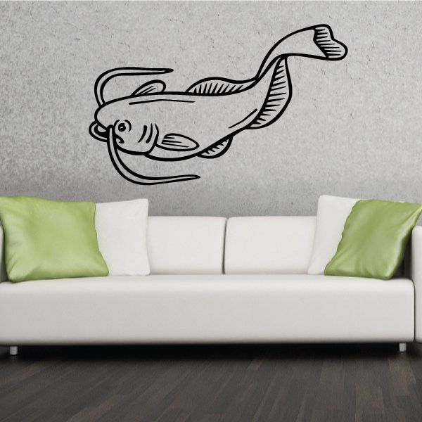 Black catfish outline waving wall decal, long whiskers and curved body