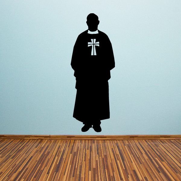 Catholic priest decal of black robed priest with white cross emblem