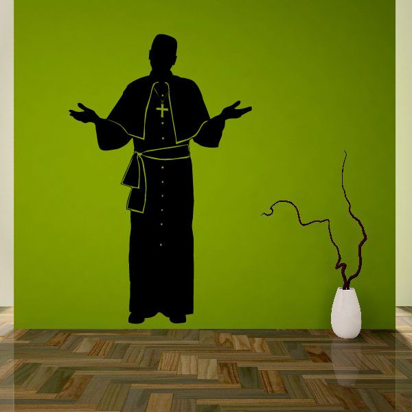 Catholic priest wall decal with black robe and open hands, gold cross on back