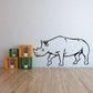 White outlined rhino wall decal with black line art, full-body side view.