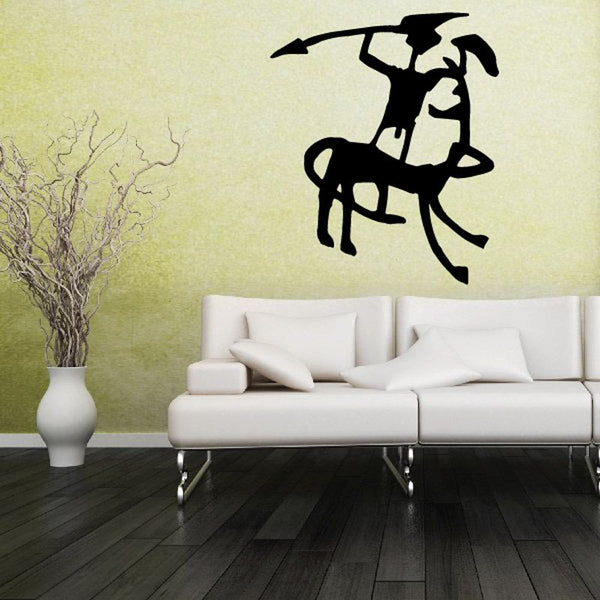 Black hunter and large dog wall decal silhouette, top-hatted hunter riding dog