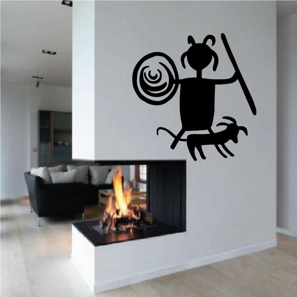 Black hunter wall decal with small dog and spiral cave painting motif