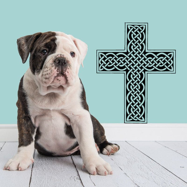 Celtic cross decal with interwoven knot pattern, black outline
