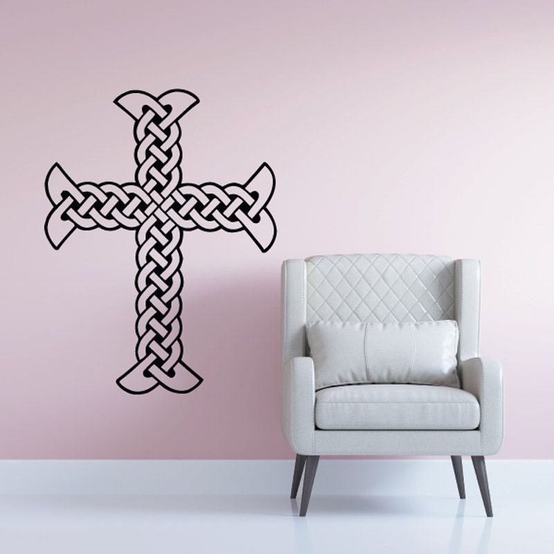 Celtic cross decal with interwoven knot pattern, black outline