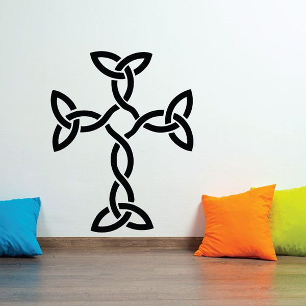 Celtic cross wall decal with knotwork design, black