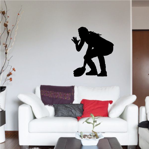 Softball player decal showing black center-field fielder silhouette kneeling
