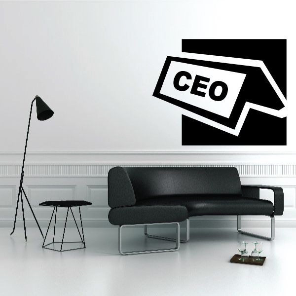 Black and white CEO desk sign decal with bold 'CEO' arrow text