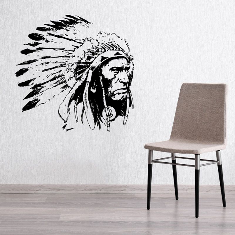Native American headdress wall decal: black feather headdress profile