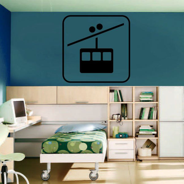 Chair lift sign decal, black icon showing lift over platform
