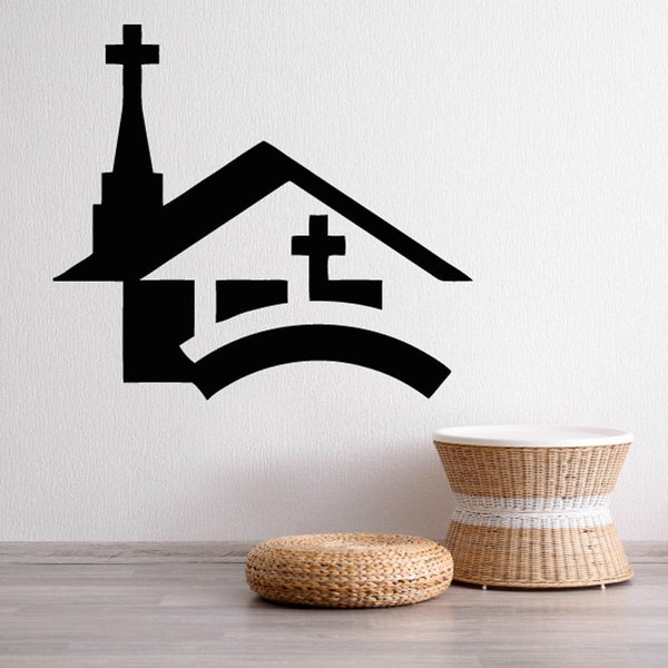 Chapel decal with black church silhouette and cross, arched doorway and windows
