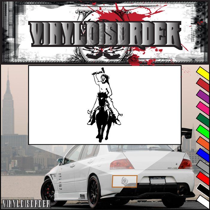 Charging Native American rider on horseback decal, black silhouette with red accents