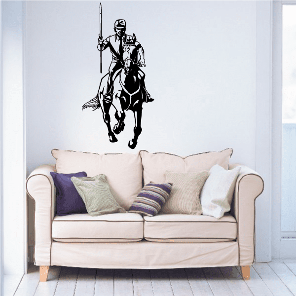 Wall decal of a mounted rider holding a lance, black and white outline
