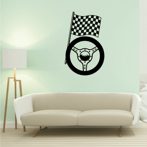 Racing wheel and checkered flag wall decal, black and white
