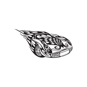 Checkered flag flames car decal, black-and-white stylized racing car outline