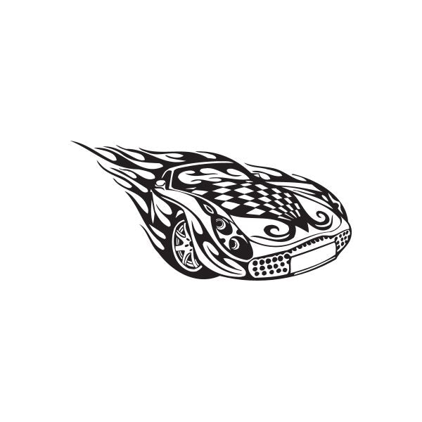 Checkered flag flames car decal, black-and-white stylized racing car outline