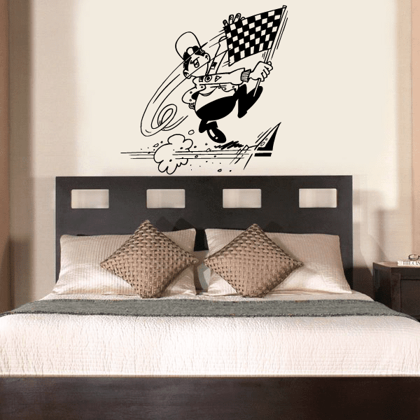 Cartoon checkered-flag decal with racer holding a checkered flag
