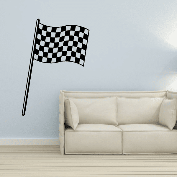 Checkered flag decal with black-and-white checkered flag on thin pole