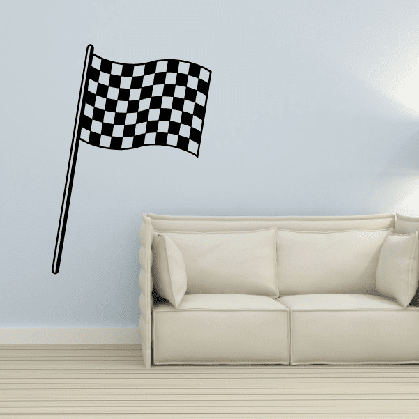 Checkered flag decal with black-and-white checkered flag on thin pole