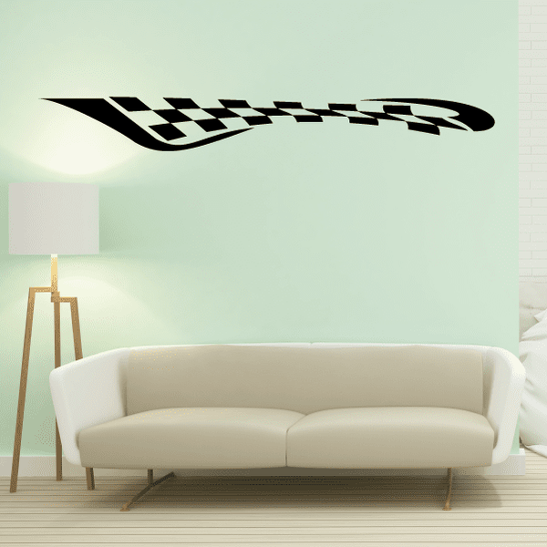 Black checkered flag wall decal with curved banner shape