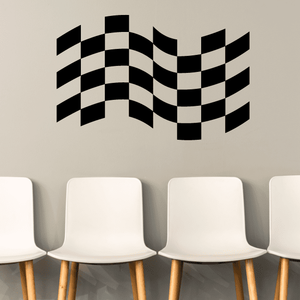 Checkered flag vinyl wall decal with wavy stripes, black and white.