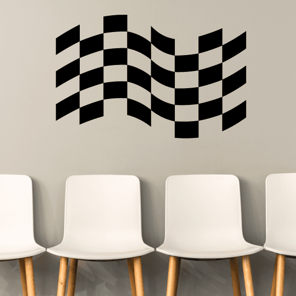 Checkered flag vinyl wall decal with wavy stripes, black and white.