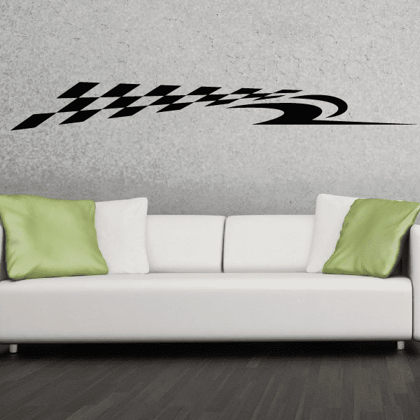 Black and white checkered flag vinyl wall decal with long swoosh line