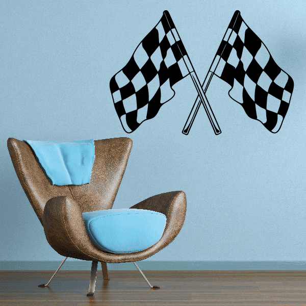 Two crossed checkered flags wall decal, black and white vinyl