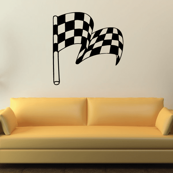 Checkered racing flags wall decal with two waving black-and-white flags