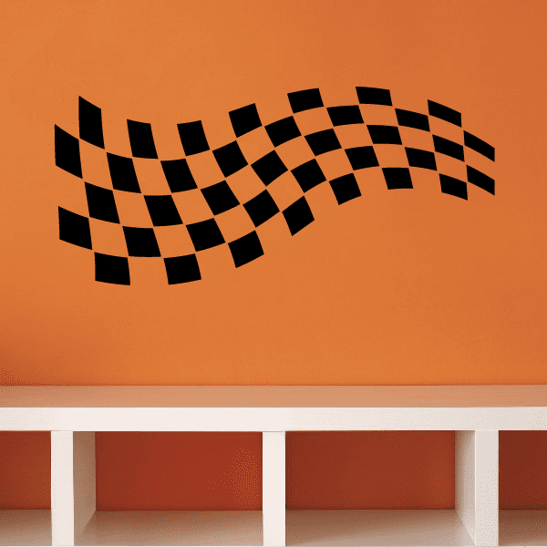 Checkered flag wall decal, black and orange curved checker stripe ribbon