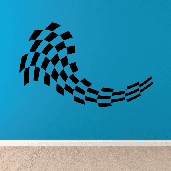 Checkered flags wall decal, curved black and blue checkered banner with wave ends