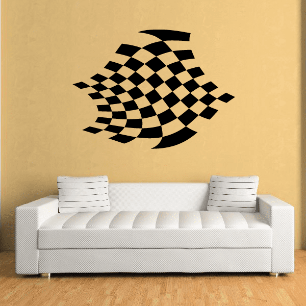 Checkered racing flag vinyl wall decal with black and tan swirl pattern