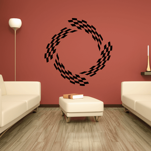 Vinyl wall decal of black checkered racing flags in a circular swirl