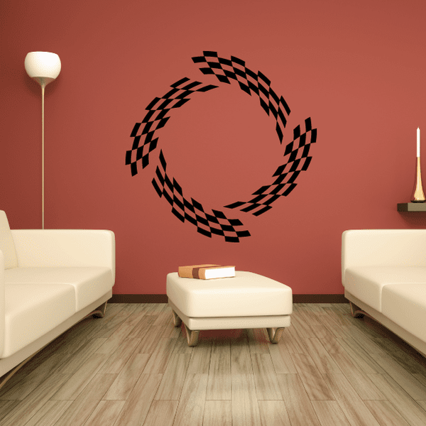 Vinyl wall decal of black checkered racing flags in a circular swirl
