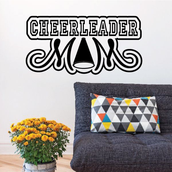 Cheerleader mom wall decal: CHEERLEADER MOMS text with bow