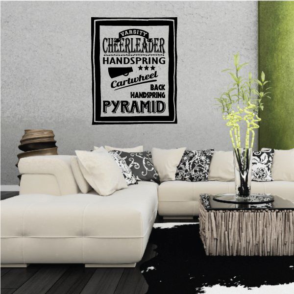 Square cheerleader word collage wall decal with black border and white text
