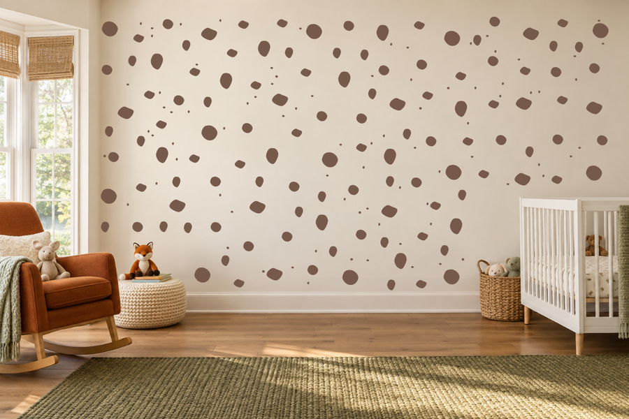 Cheetah sunset wall decal kit with scattered brown dot and spot pattern on wall
