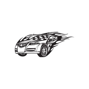 Sports car flames decal featuring black race car with checkered hood and flames