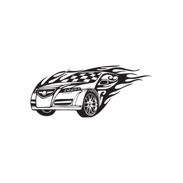 Sports car flames decal featuring black race car with checkered hood and flames