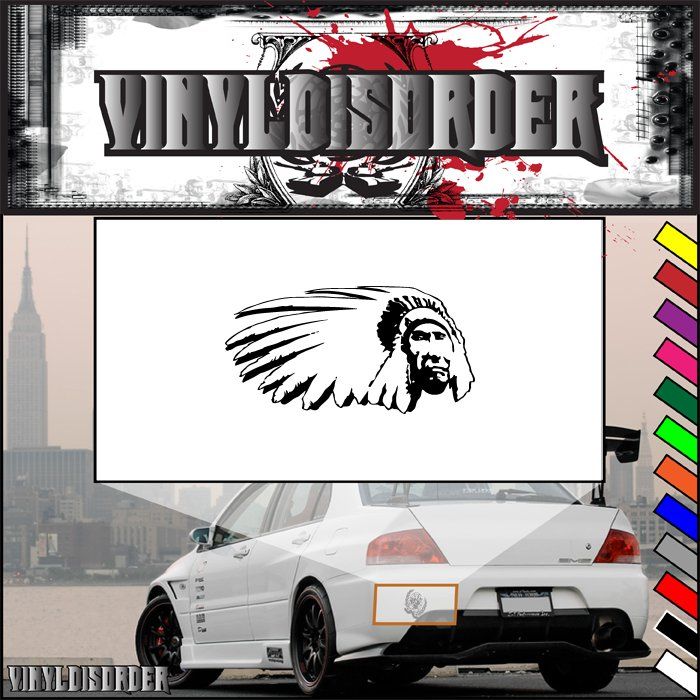 Chief headdress decal with black feathered Native American head in profile on white