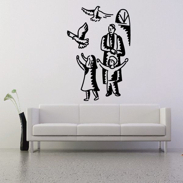 Children releasing doves wall decal with three kids and flying bird silhouettes