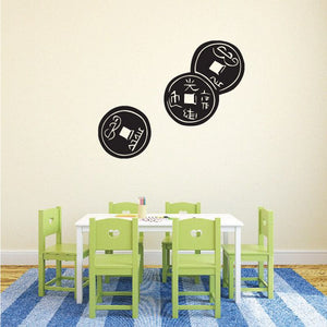 Chinese coin wall decals, two black circular symbols with stylized characters