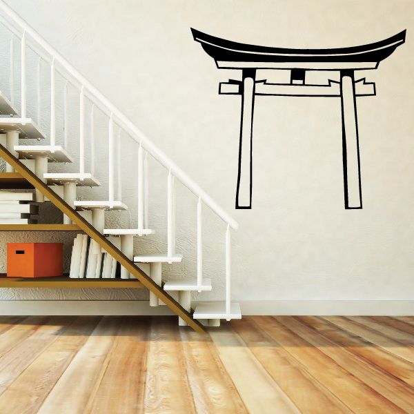 Chinese temple gate wall decal, black outline and ornate roof shape